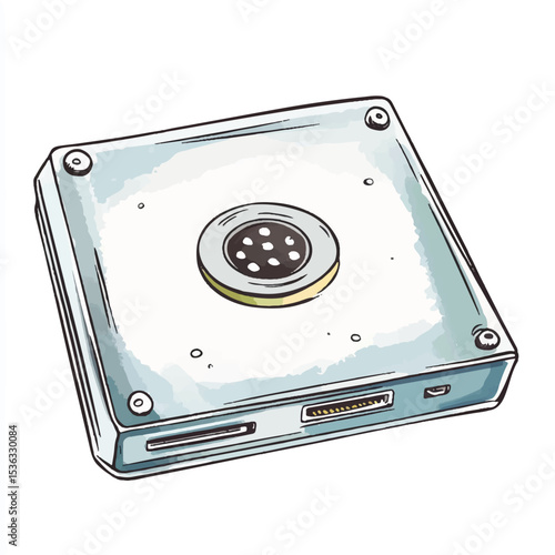 Detailed Watercolor Illustration of a Hard Drive with Circular Detail