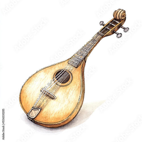 Detailed Watercolor Illustration of an Antique Bandura