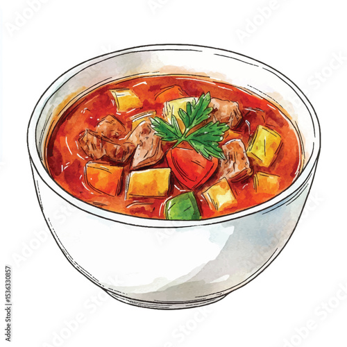 HandDrawn Watercolor Goulash in a White Bowl