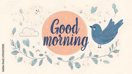 Stylish Good Morning Card Featuring Graceful Bird, Drifting Clouds and Glowing Sun in a Minimalist Flat Vector Art Design