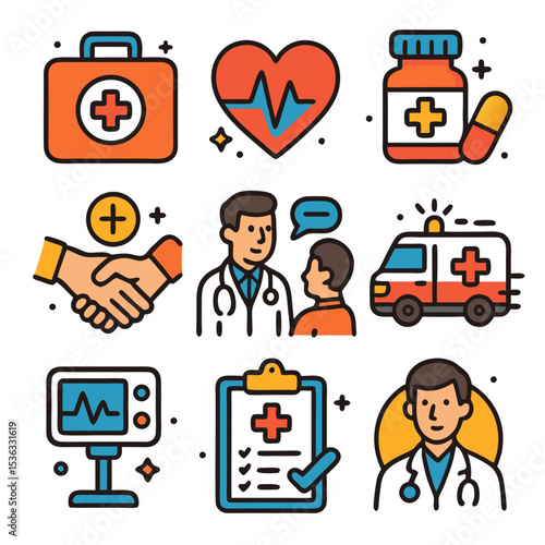 Nine colorful medical icons featuring a doctor, patient, and ambulance. Perfect for healthcare websites, brochures, presentations, and educational materials.