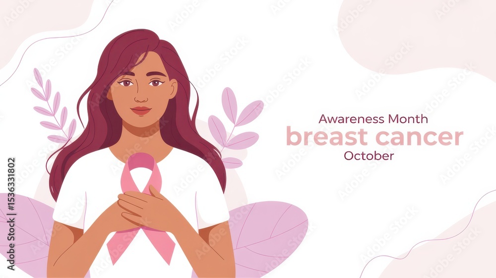 Woman with Pink Ribbon Breast Cancer Awareness October Woman with Pink Ribbon Breast Cancer Awareness October