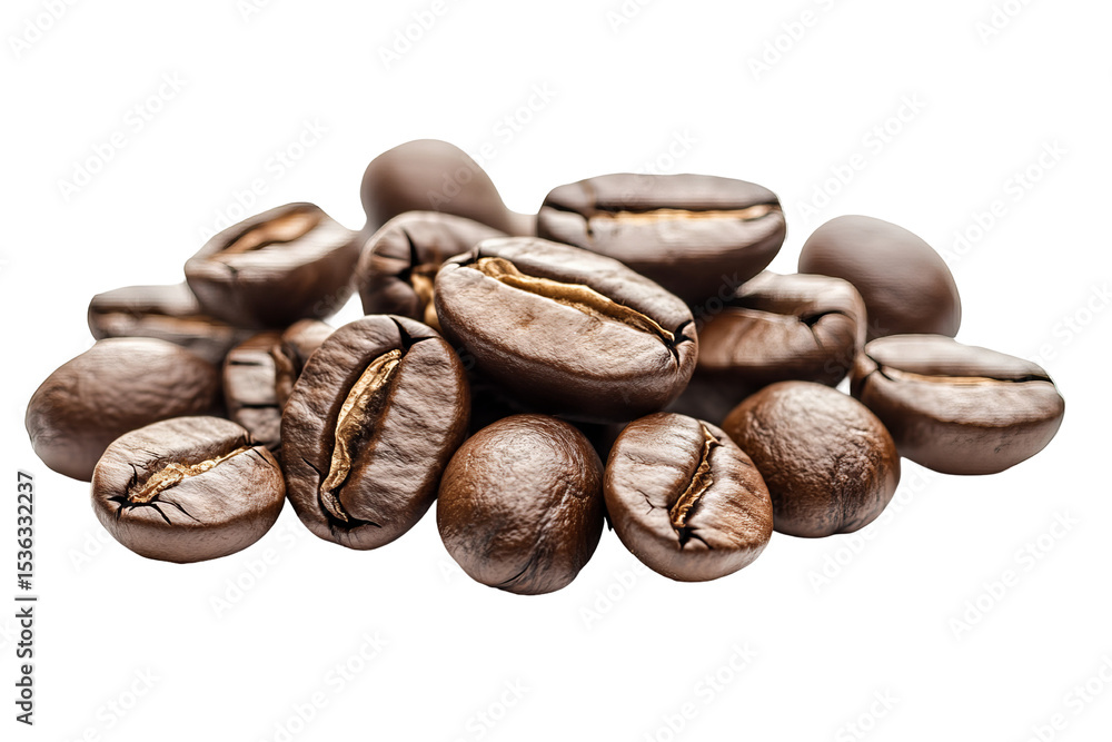 Naklejka premium High-resolution group of roasted coffee beans isolated on transparent background PNG cutout, perfect for coffee packaging, café menus, and food photography composites
