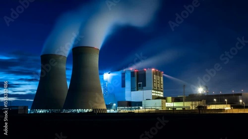 Nighttime view of a nuclear power plant with cooling towers emitting steam against a twilight sky