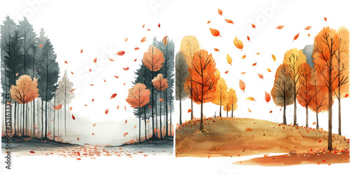 autumn forest with falling leaves watercolor vector illustration