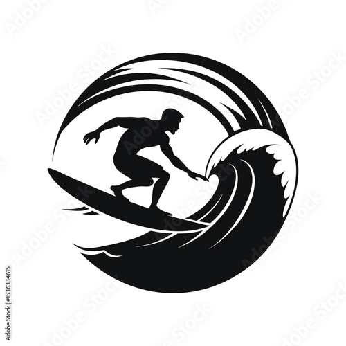 Surfer Silhouette Logo Riding Wave | Black and White Surf Design