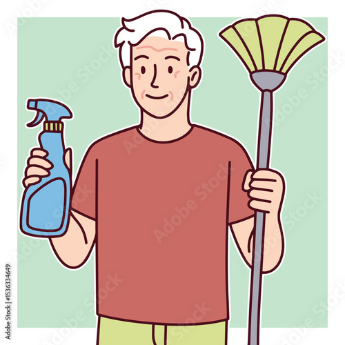 Happy old man holding a mop and cleaning spray, representing cleanliness, janitorial service