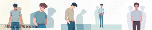 Sad Lonely Man Standing in Silence – Flat Vector Illustration Set