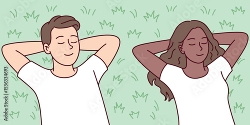 Man and black woman rest side by side on green grass with eyes closed. Represents emotional calm, connection, peace, and balance in life
