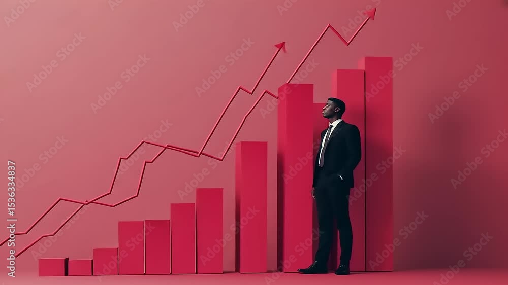 Businessman in suit standing beside a rising graph on a red background, symbolizing growth and success Businessman in suit standing beside a rising graph on a red background, symbolizing growth and success