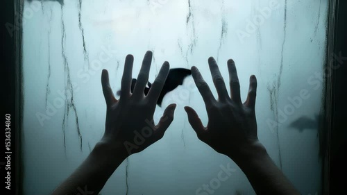 Hands Pressed Against Foggy Window with Bat Silhouette Outside Creating Mysterious Eerie and Spooky Atmosphere