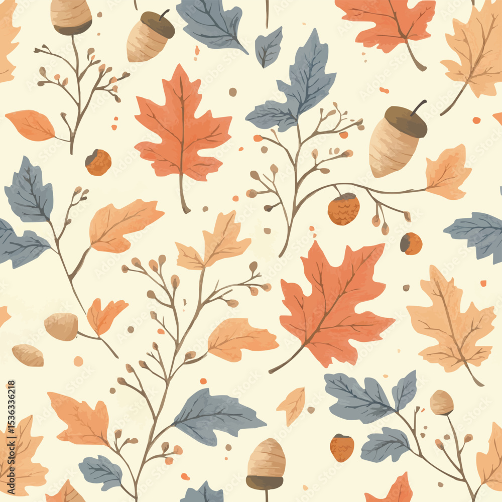 Obraz premium Elegant Repeating Autumn Leaf Pattern with Acorns and Twigs