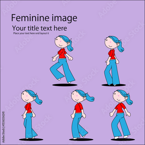可愛い女性のちびキャラが歩いているポーズ