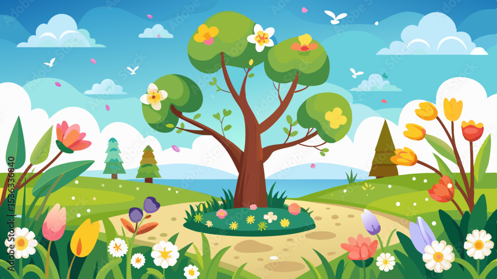 Beautiful Spring Landscape with Flower Garden, Tree, and River
Beautiful Spring Landscape with Flower Garden, Tree, and River