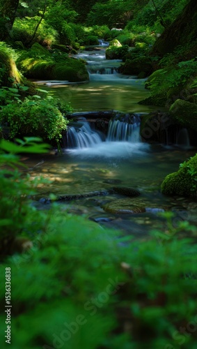 Lush Green Forest Stream Cascading Waterfalls Mossy Rocks