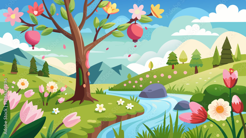 Beautiful Spring Landscape with Flower Garden, Tree, and River
Beautiful Spring Landscape with Flower Garden, Tree, and River