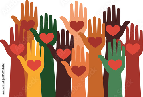 Raised hands in diverse skin tones with hearts for unity, love and equality Juneteenth themed illustration  