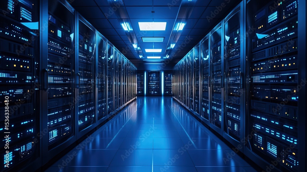 Realistic Long Server Room Data Center IT Infrastructure Illustration Realistic Long Server Room Data Center IT Infrastructure Illustration