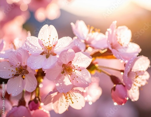 Pink cherry blossoms in spring sunlight