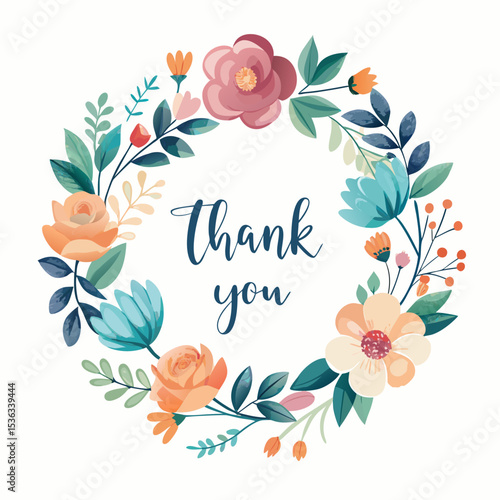 vector floral thank you card with watercolor flower wreath