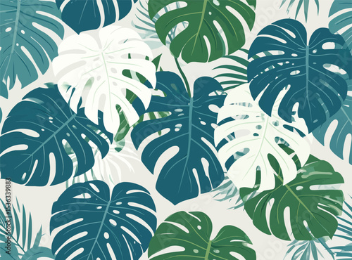 Tropical monstera leaf pattern design with various shades of green and white