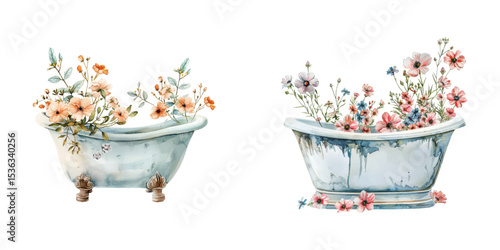 baby bathtub with flowers watercolor vector illustration