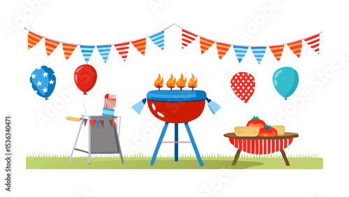 Patriotic BBQ Party Scene with Food and Decorations