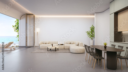 Sea view large living room of luxury summer beach house with terrace. Dining table on concrete floor and white wall kitchen in vacation home or holiday villa. Hotel interior 3d illustration.