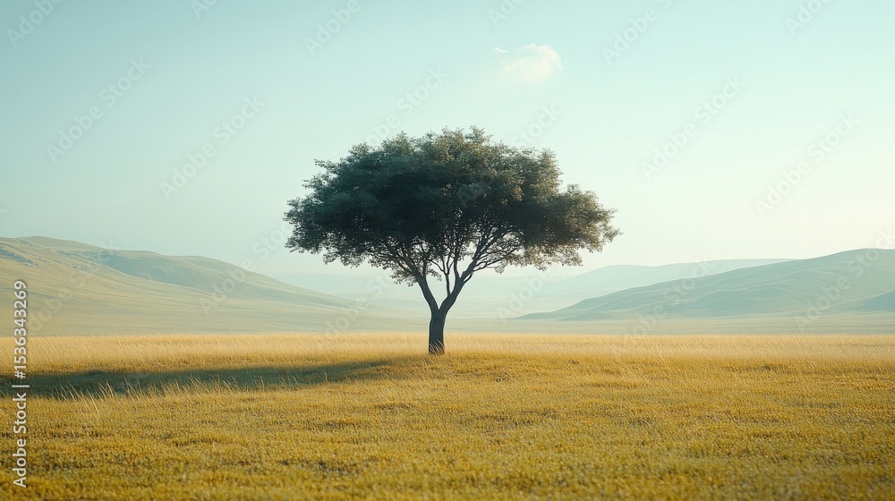 Obraz premium Lone Tree in Golden Field with Distant Hills in Clear Sky