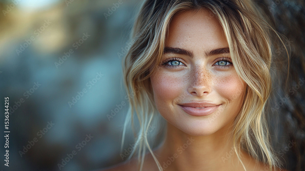 Portrait of a happy confident Caucasian woman with glowing skin, blonde hair, and a bright white smile. Fresh, radiant beauty with positive energy in a studio glamour shot.
Portrait of a happy confident Caucasian woman with glowing skin, blonde hair, and a bright white smile. Fresh, radiant beauty with positive energy in a studio glamour shot.