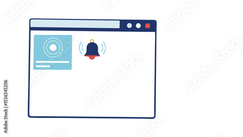 A desktop screen announces a new notification with a ringing bell focus on alerts in flat vector