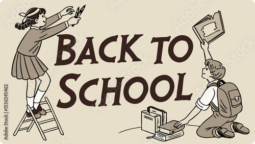 Two children prepare for back to school one climbs a ladder while the other holds a book