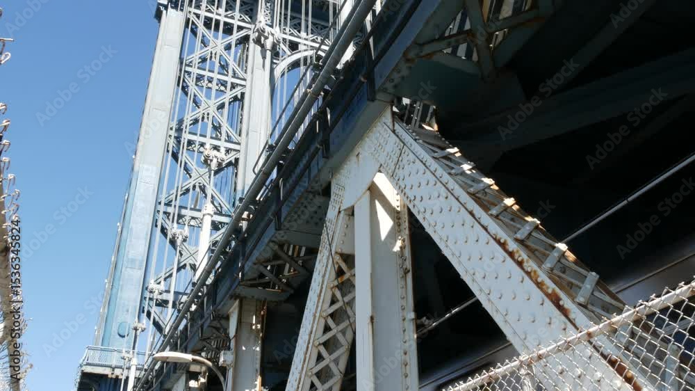 Manhattan Bridge to Brooklyn Dumbo. New York City symbol, USA travel destination. Architecture of United States, tourist landmark. Cable-stayed bridge. Cables, sky from pedestrian path, subway train. Manhattan Bridge to Brooklyn Dumbo. New York City symbol, USA travel destination. Architecture of United States, tourist landmark. Cable-stayed bridge. Cables, sky from pedestrian path, subway train.
