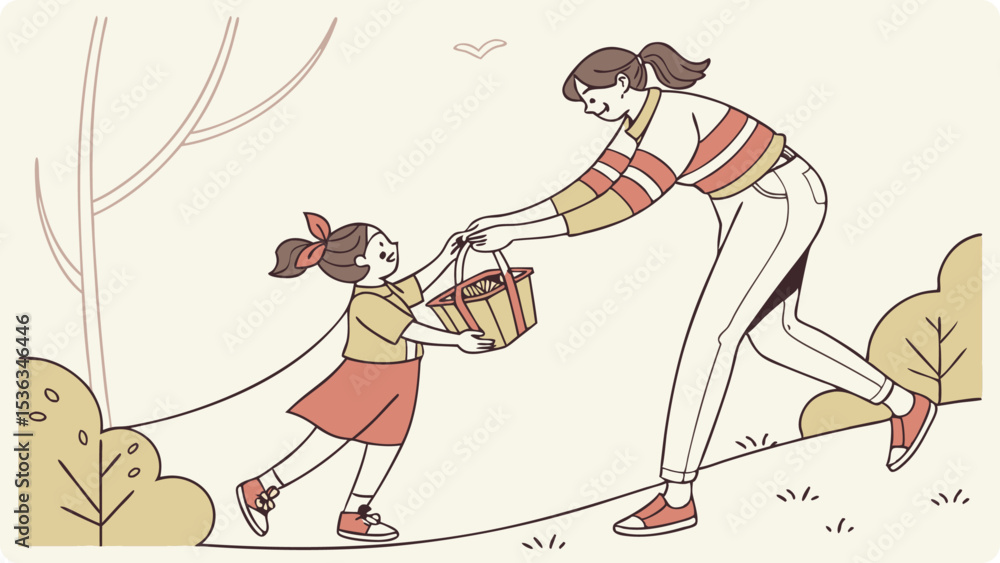 Obraz premium A mother gives her daughter a picnic basket in a park