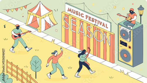 Music festival season is in full swing with people playing guitars and enjoying the event near a large speaker and tent