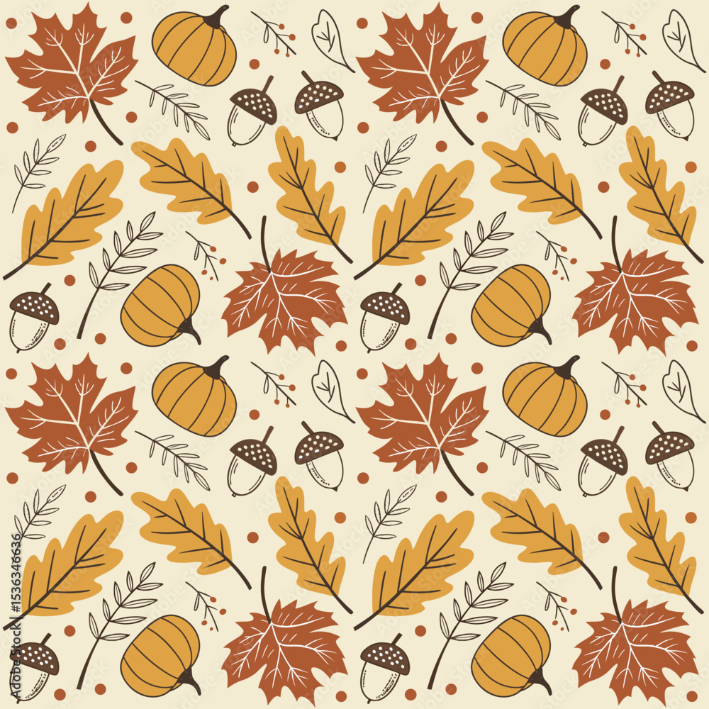 Obraz premium Seamless Autumn Pattern with Maple Leaves, Acorns, and Pumpkins in Earthy Fall Colors