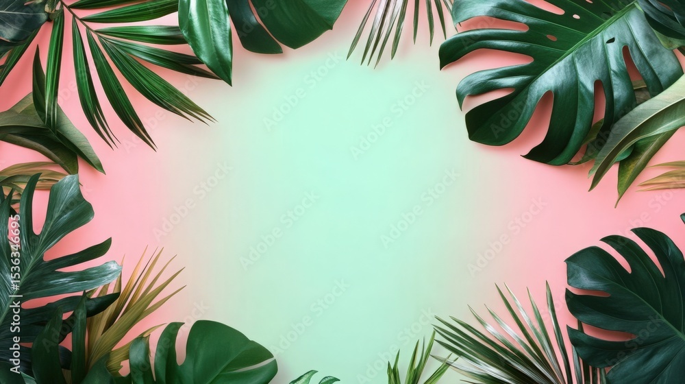 Oval-Shaped Mockup Frame with Tropical Leaves on Mint Green and Peach Gradient Background Oval-Shaped Mockup Frame with Tropical Leaves on Mint Green and Peach Gradient Background