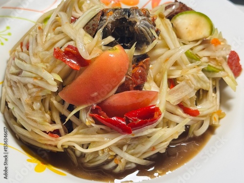 som tum, papaya salad, Thai food, spicy salad, authentic Thai, street food, Thai cuisine, Asian food, healthy, fresh, delicious, savory, hot, chili, lime, fish sauce, fermented fish, crab, seafood, mo
