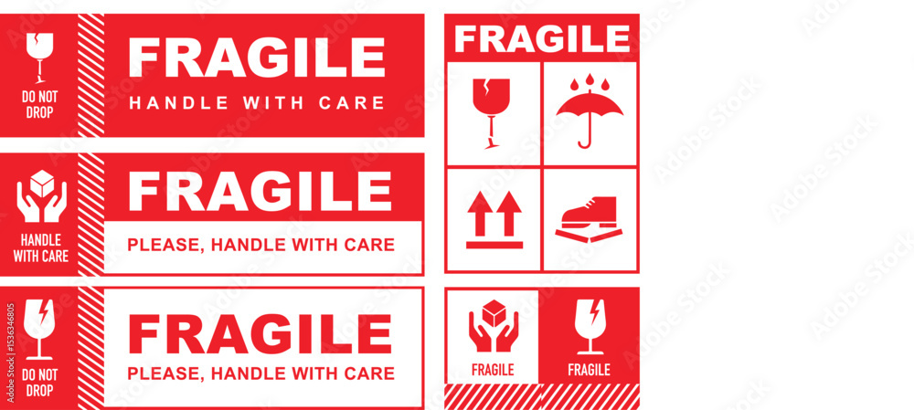 Fototapeta premium Fragile Symbol for packaging, warning symbol, caution do not drop, handle with care. keep dry, corrugated stiker.