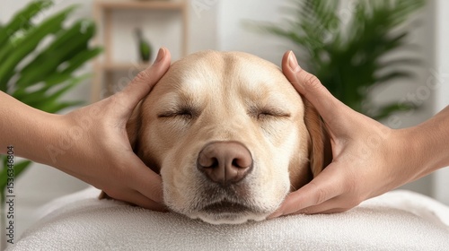 A relaxed dog enjoying a soothing massage with gentle hands in a tranquil setting filled with plants. Serene canine spa treatment calming touch therapy amidst lush greenery for ultimate