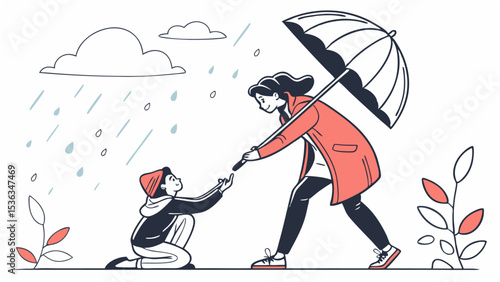 A woman shares her umbrella with a child in the rain showing kindness and compassion