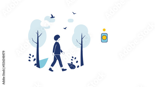 A peaceful walk in the minimalist forest offers serenity and mindful escape with flat vector design