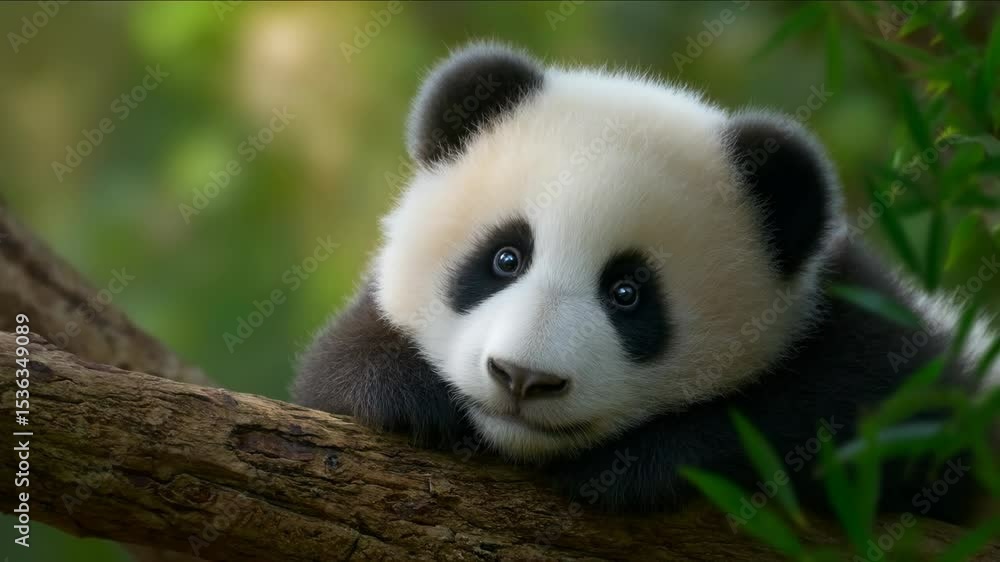 A Captivating Close-Up of an Adorable Baby Panda Resting Peacefully on a Sturdy Tree Branch in its Natural Habitat, Showcasing the Sweet Innocence and Charm of this Beloved Wildlife Species. A Captivating Close-Up of an Adorable Baby Panda Resting Peacefully on a Sturdy Tree Branch in its Natural Habitat, Showcasing the Sweet Innocence and Charm of this Beloved Wildlife Species.