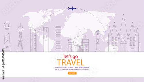 Minimal Travel Vector Illustration with World Monuments and Airplane Route