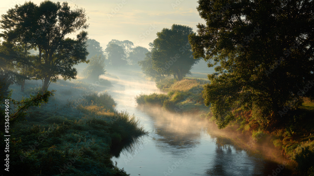 Fototapeta premium Serene Morning Mist Over Calm River Surrounded by Lush Greenery