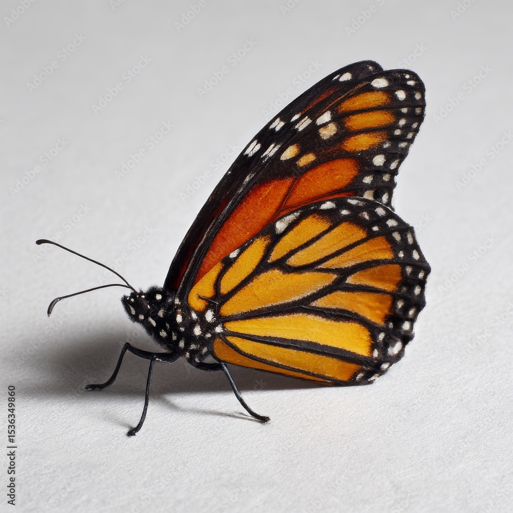 Naklejka premium A monarch butterfly against a plain white backdrop.