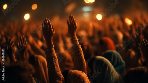 A sea of hands raised in hopeful prayer during a spiritual gathering bathed in warm amber light captured with soft focus