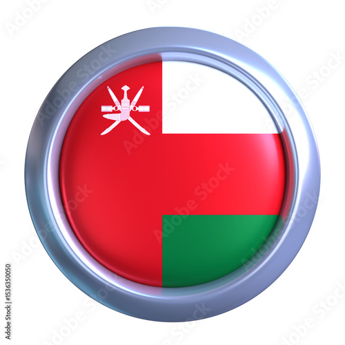 Free Download 3D Oman Flag with circle metallic frame, showcasing national emblem detail in a polished, modern design. Perfect for apps, UI, or educational use - GFXLoad
