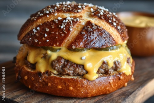 Pretzel bun burger with mustard sauce