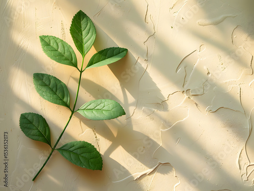 Green plant stem with leaves on a textured wall background, suitable for nature-themed designs, organic product promotion, or environmental awareness campaigns.